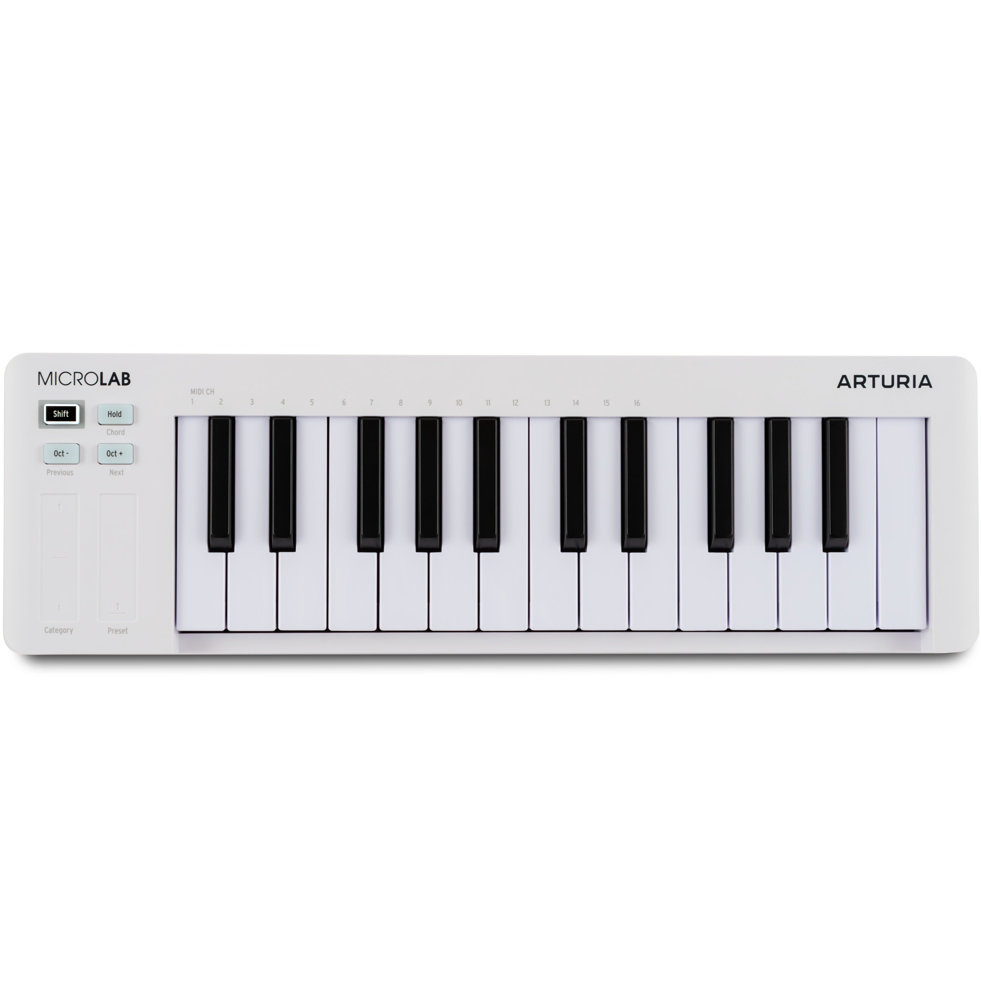 Arturia MicroLab MK3 MIDI keyboard controller, white, top view