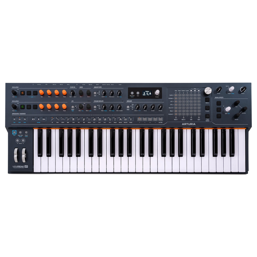 Arturia MiniFreak 49 synthesizer top panel view showing 49 keys and XYZ touch matrix
