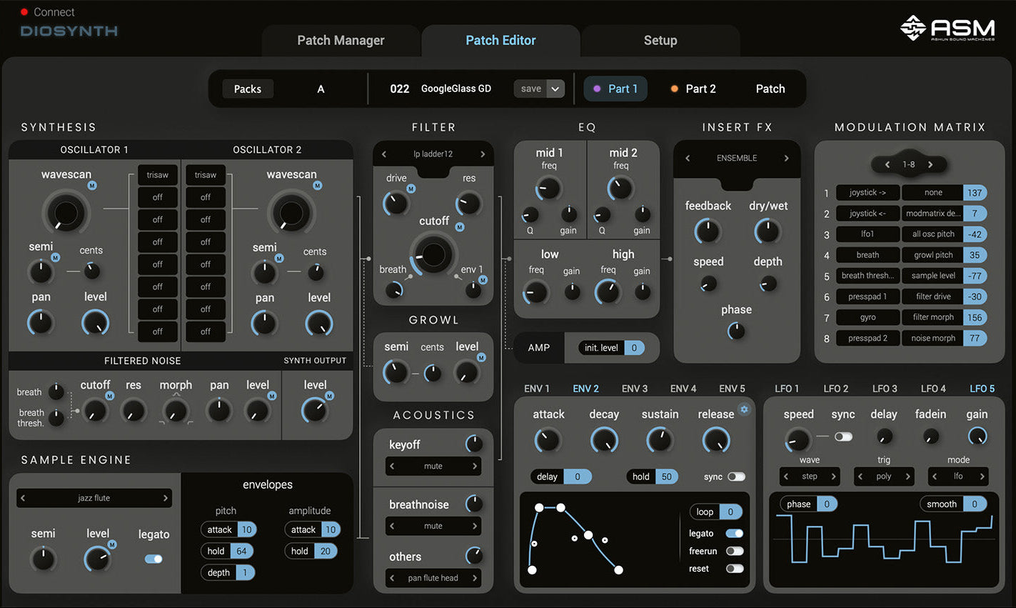 ASM Diosynth synthesizer editor interface showing controls and visual layout on a digital screen.