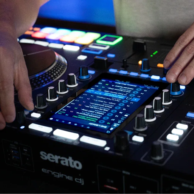 Rane System One DJ controller with dual jog wheels, mixer controls, and audio interface setup for professional DJ mixing.