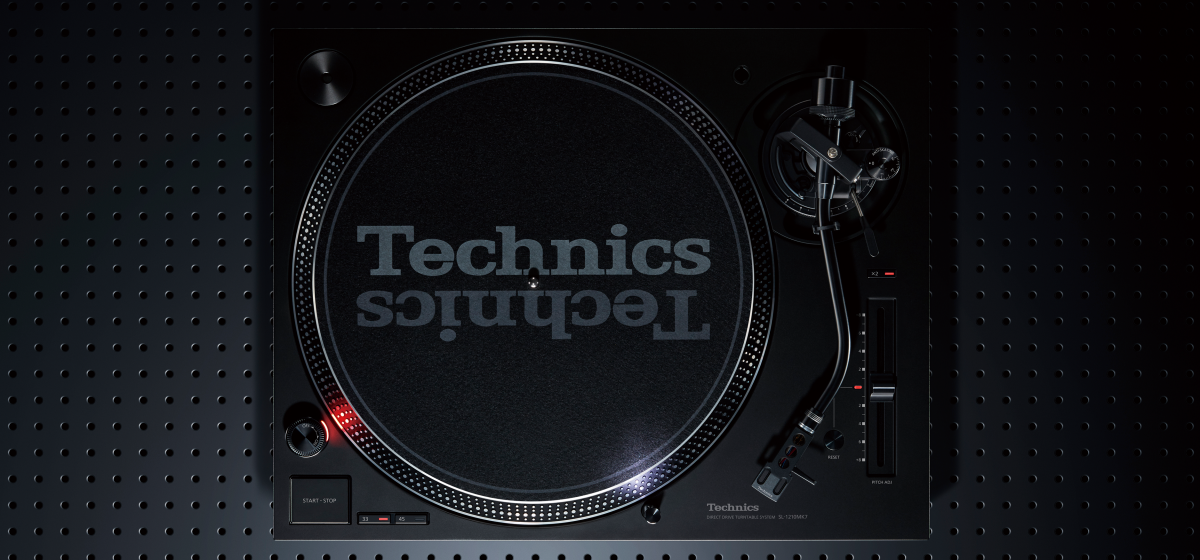 Technics SL-1210MK7 DJ turntable with sleek black design, professional-grade tonearm, and control features for DJs.