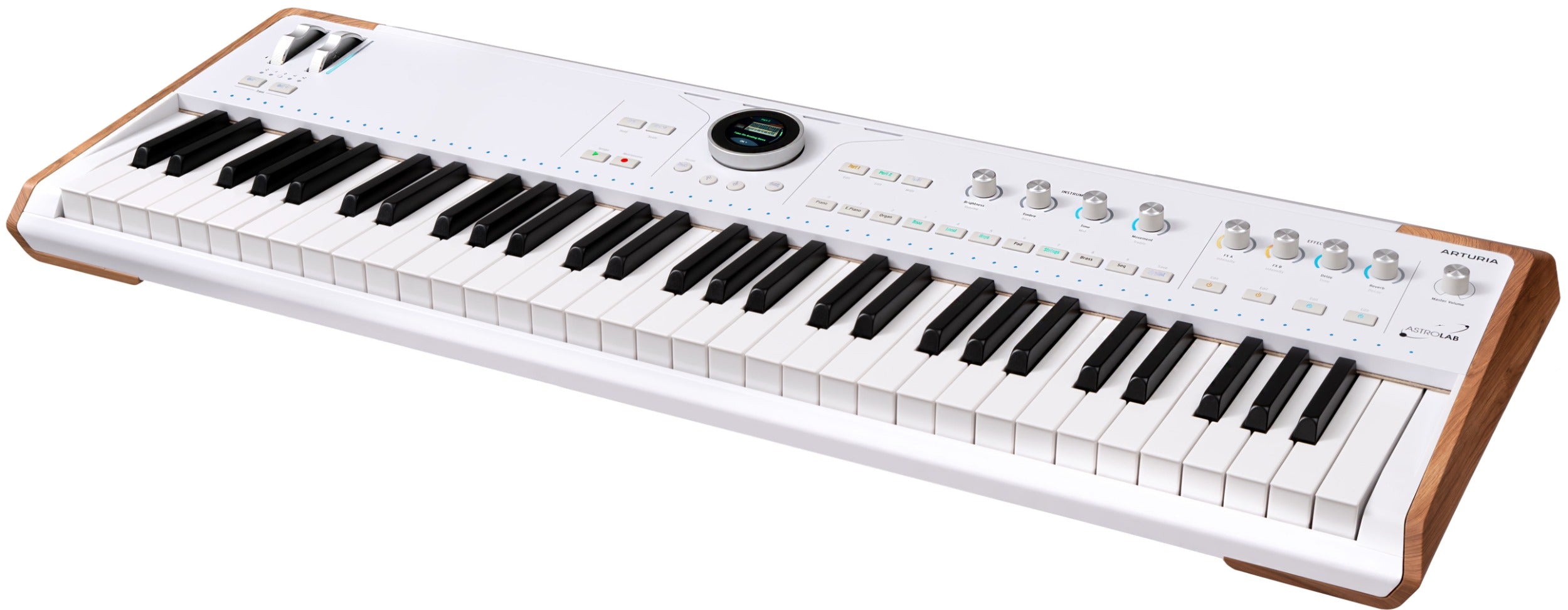 Arturia AstroLab 61 performance keyboard with black keys and control knobs, showcasing its compact design and professional features.