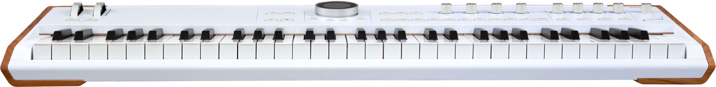 Arturia AstroLab 61 performance keyboard with black keys and control knobs, showcasing its sleek design and versatile features.