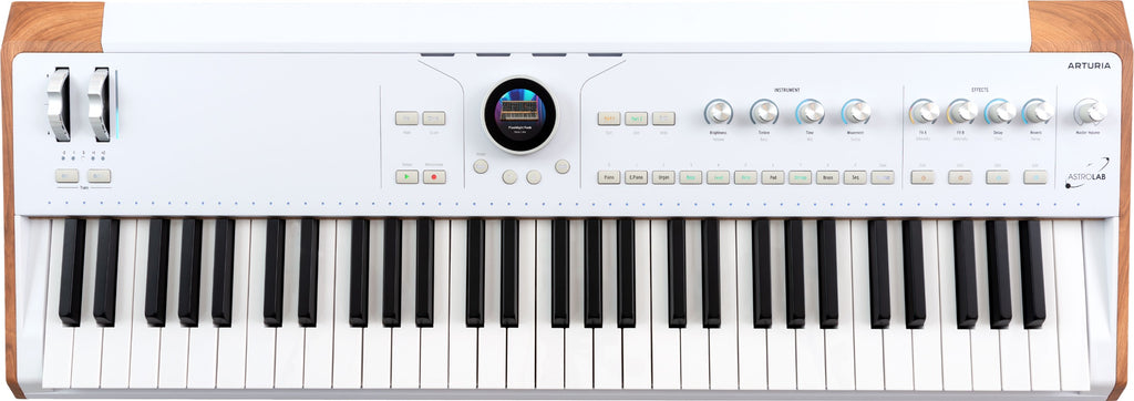 Arturia AstroLab 61 performance keyboard with black and red design, featuring multiple control knobs and a sleek digital interface.