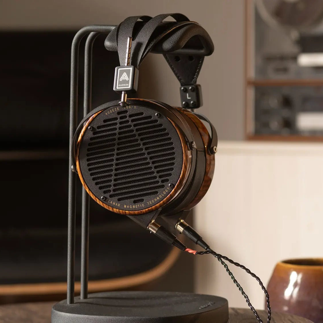 Audeze LCD-3 leather-free wired headphones with large ear cups and padded headband, designed for high-quality audio listening.