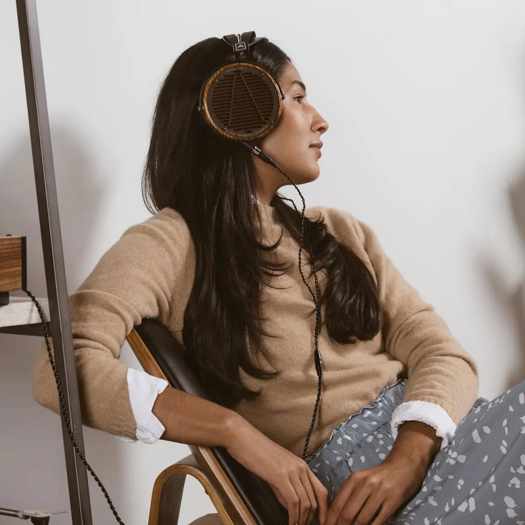 Audeze LCD-3 leather-free wired headphones with large ear cups and sleek design, showcasing high-quality audio equipment.