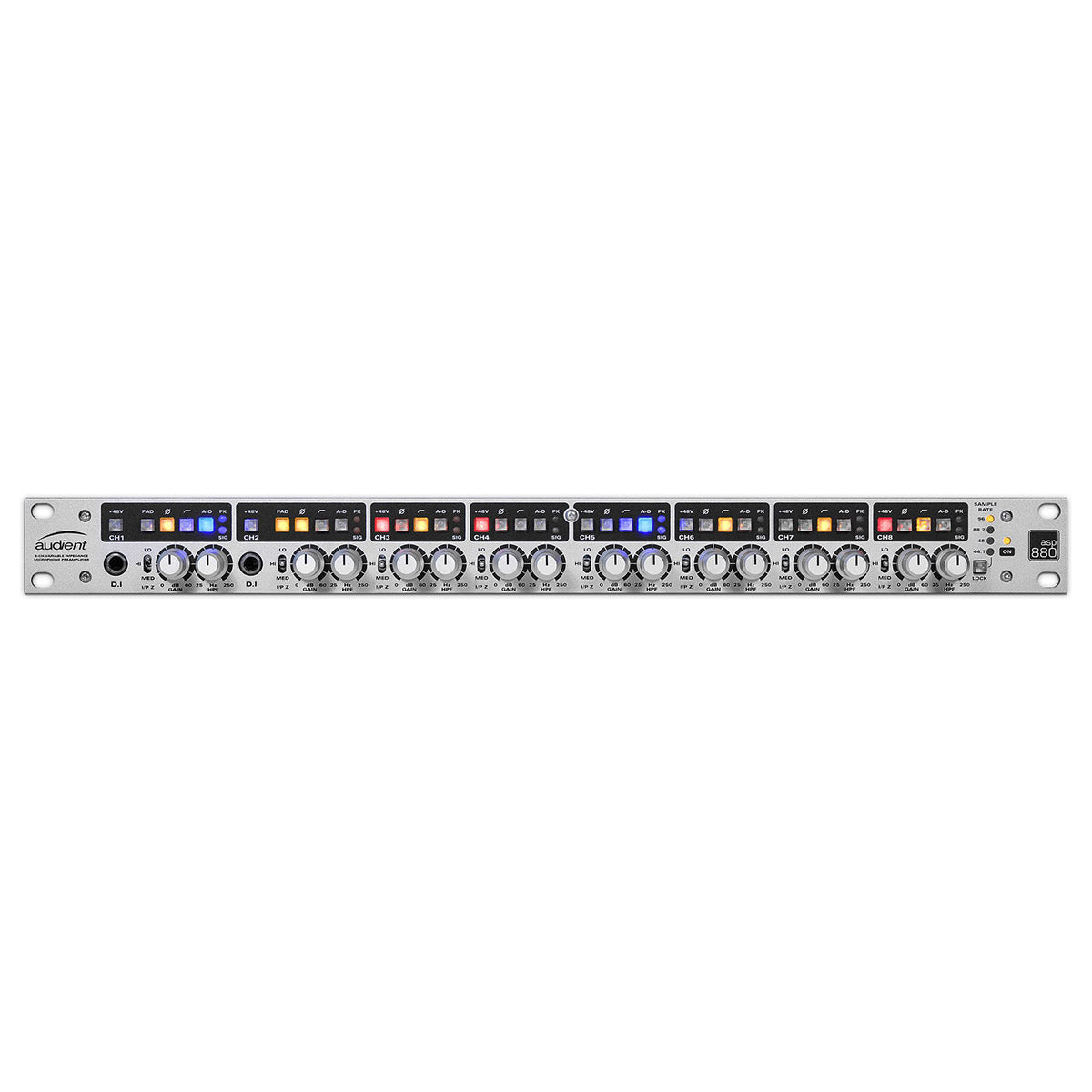 Audient ASP880 microphone preamp unit with multiple input channels and control knobs for professional audio recording.