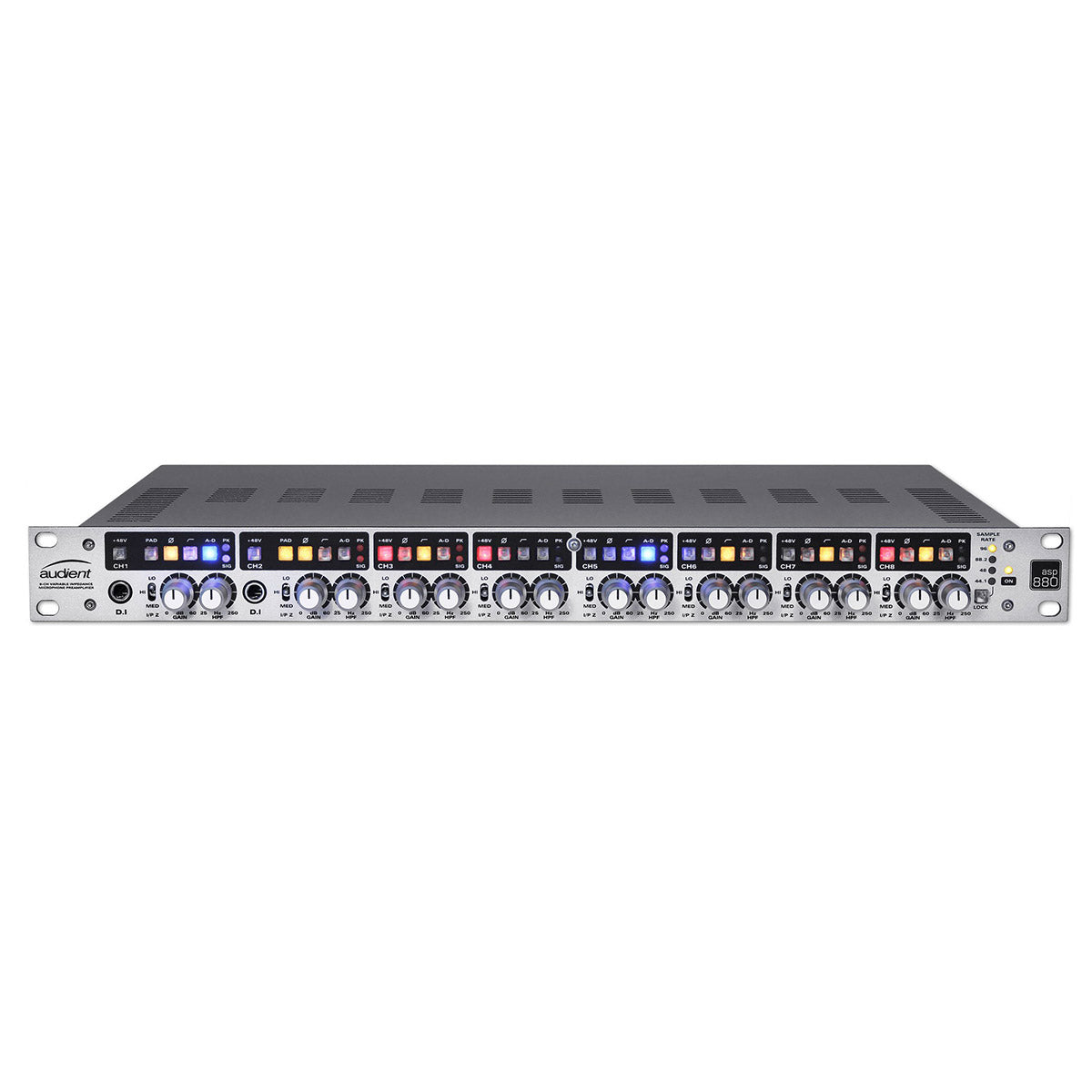 Audient ASP880 microphone preamp with multiple input channels and control knobs, professional audio equipment for studio recording