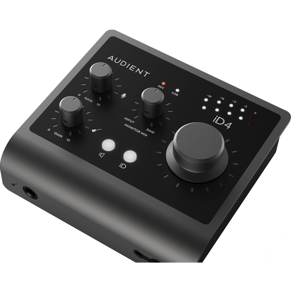 Audient iD4 MK2 USB audio interface, in black, front view