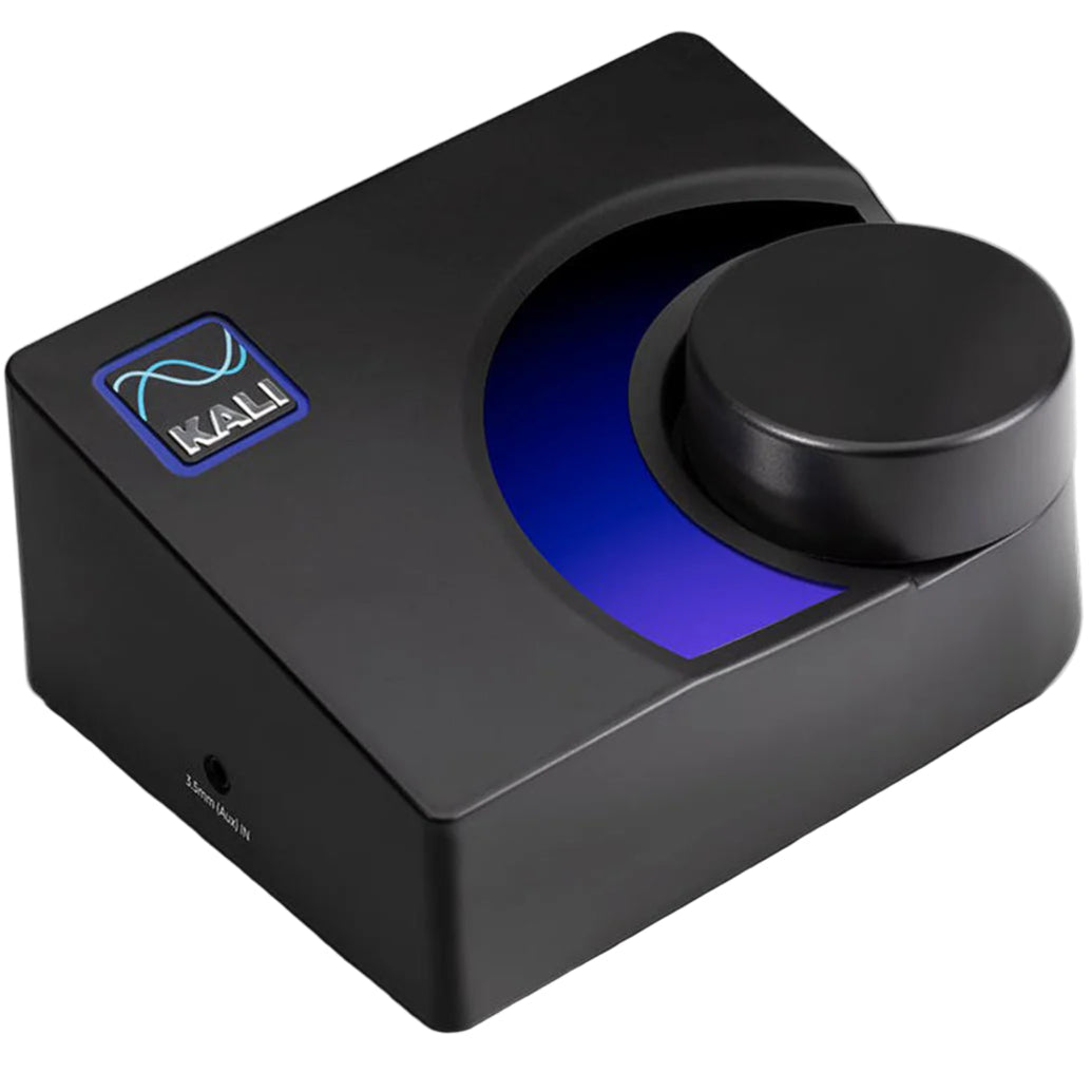 Kali Audio MV-BT studio monitor controller with multiple input ports and volume control for professional audio setup.