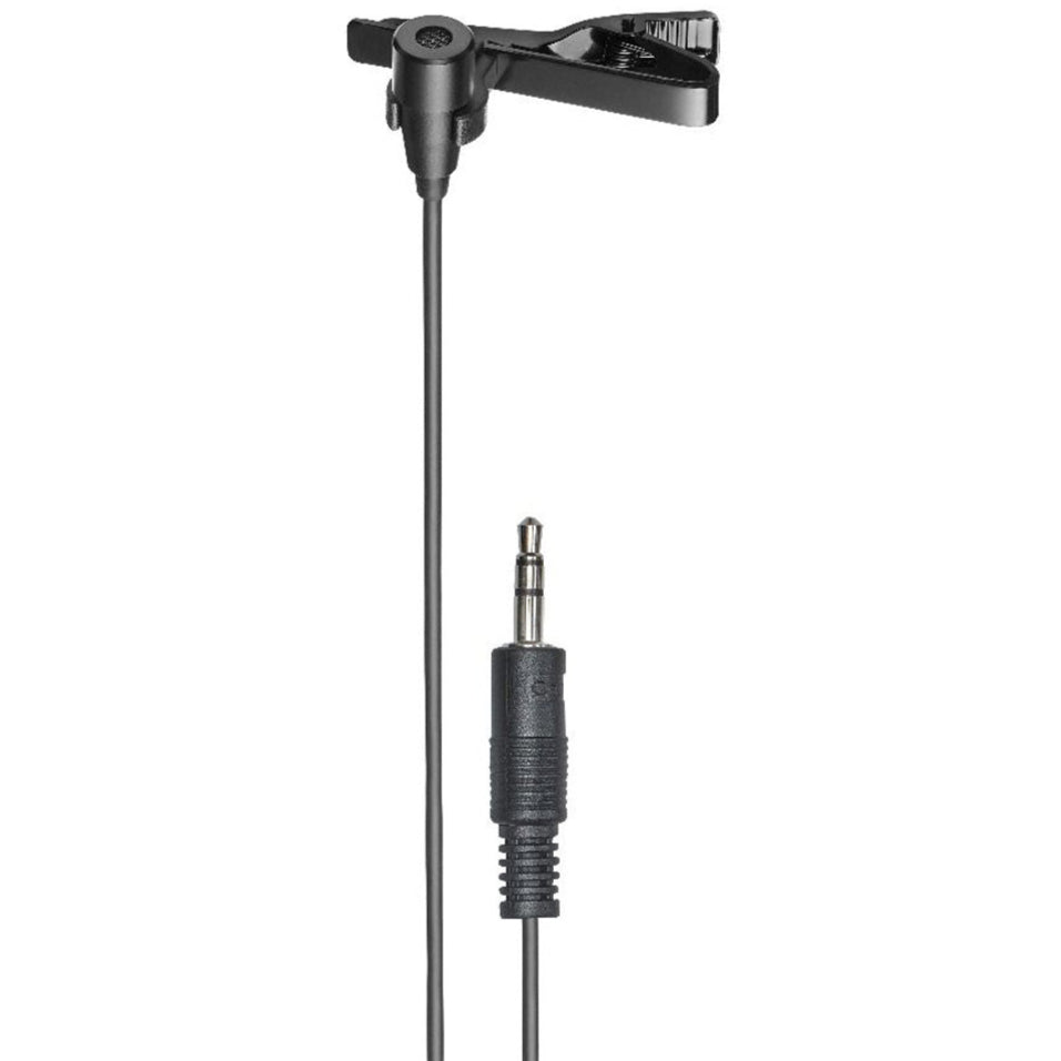 Audio Technica ATR3350xiS lavalier microphone with clip, ideal for hands-free audio recording and interviews.