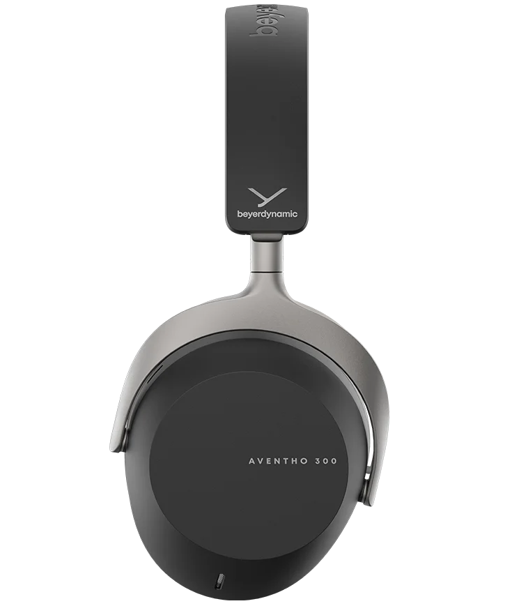 Black Beyerdynamic Aventho 300 wireless over-ear headphones shown from the side with ear cushions and headband.