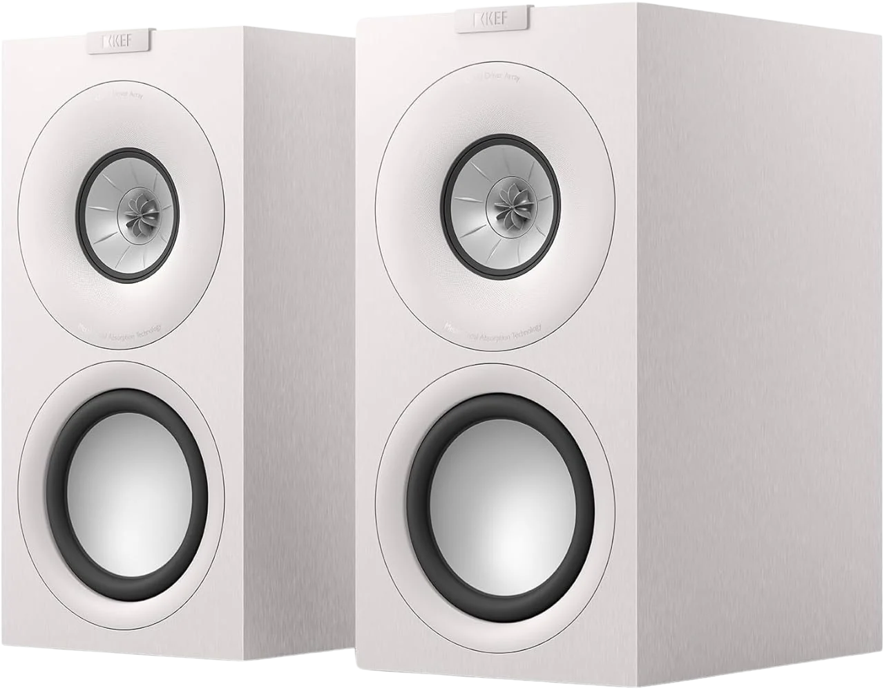 KEF Q Concerto Meta passive bookshelf speakers shown in a stylish home setup, highlighting their sleek design and compact size.