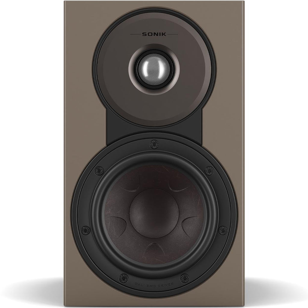 DALI Sonik 1 passive bookshelf speakers with black finish, compact design, and twin drivers for clear audio performance.