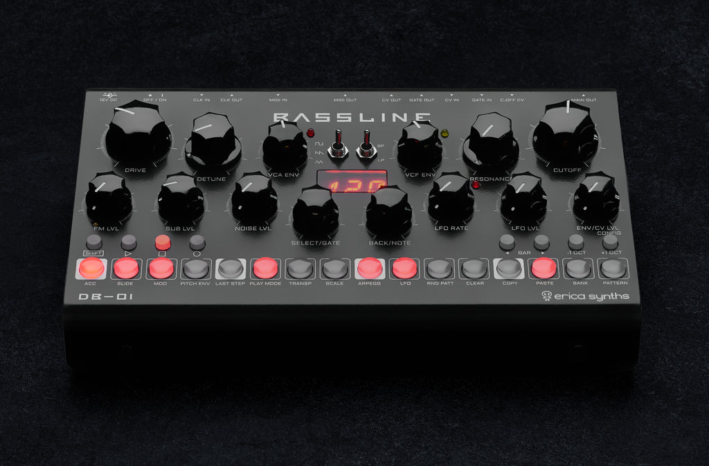 Erica Synths Desktop Bassline DB-01 synthesizer with knobs and keyboard interface, compact desktop design for bassline sounds.