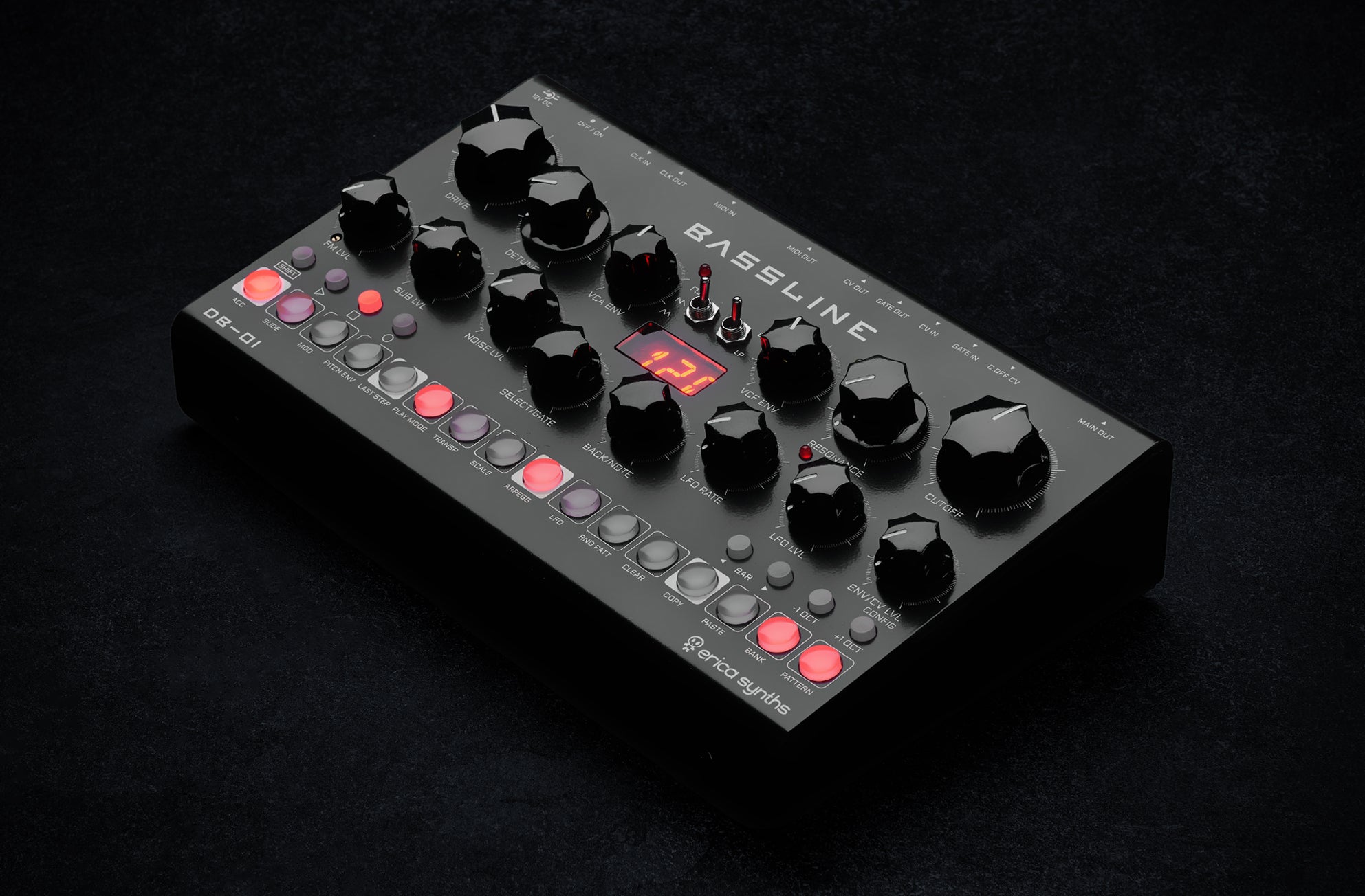 Erica Synths Desktop Bassline DB-01 synthesizer with knobs and keys, showcasing its compact design and control interface.