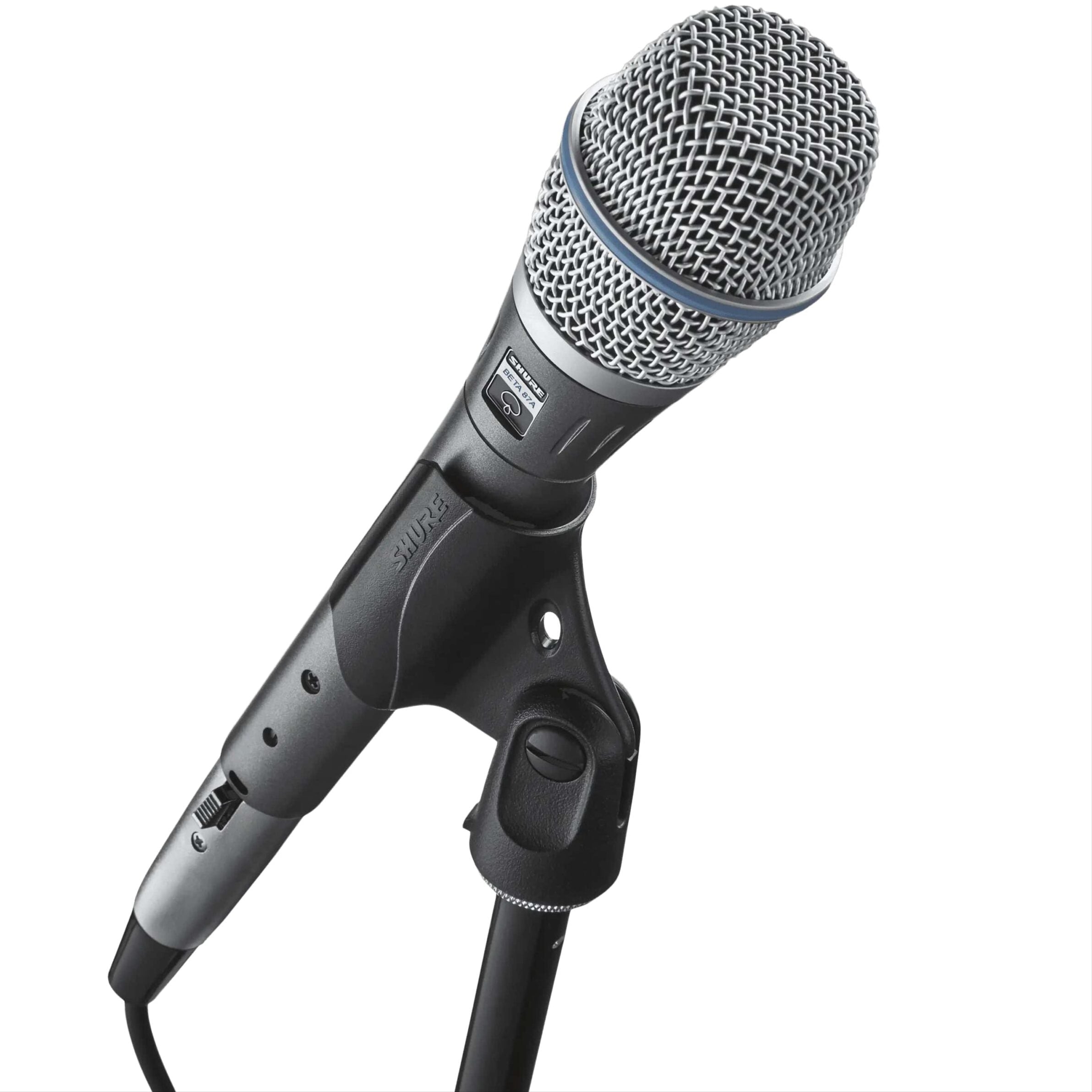 Shure Beta 87A condenser microphone with a slender body and metal grille, designed for professional vocals and studio recording.