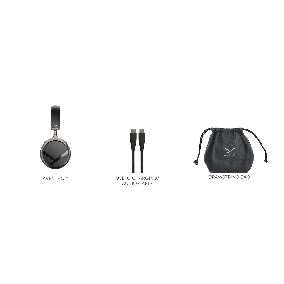 Beyerdynamic Aventho Y box contents with USB-C cable and drawstring bag