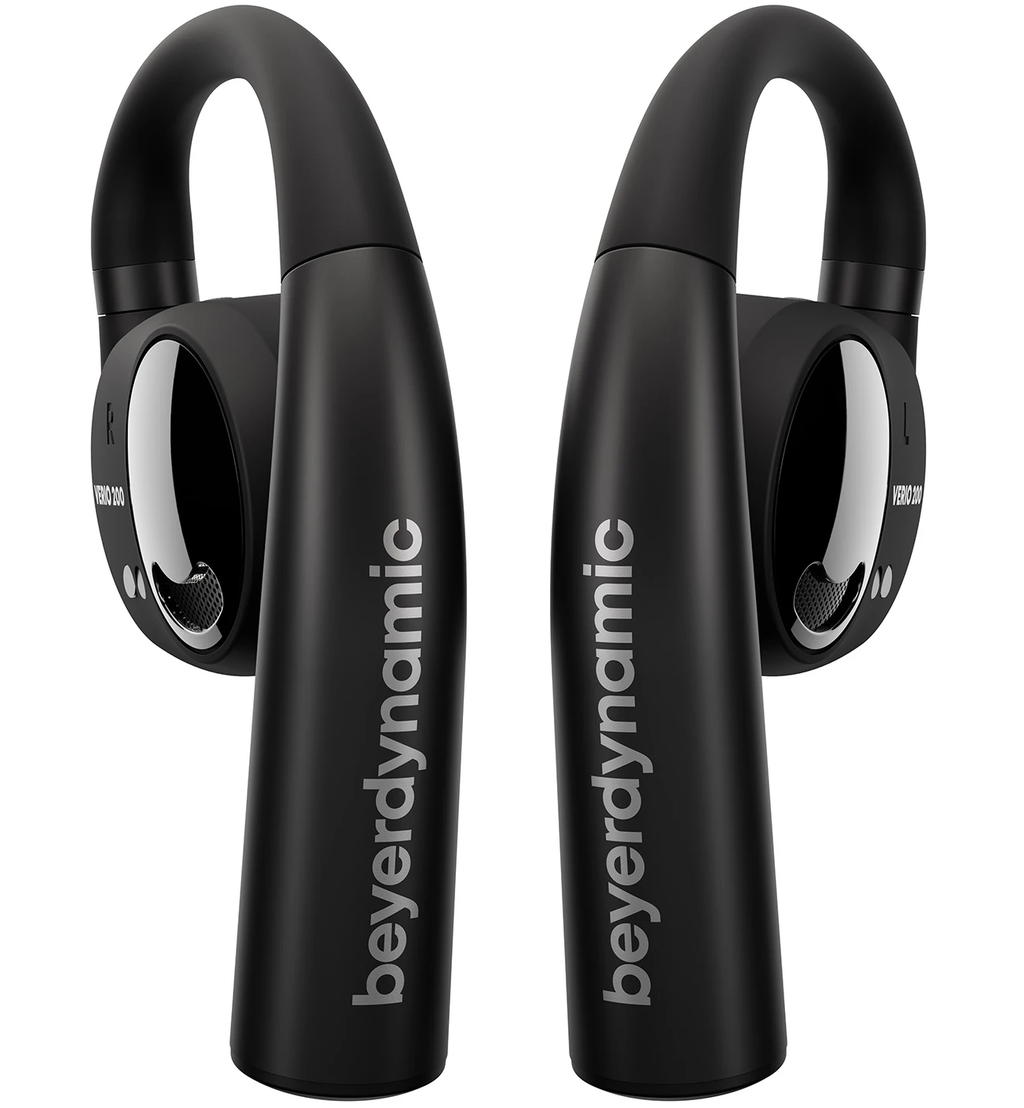 Beyerdynamic Verio 200 wireless in-ear headphones in black with sleek design and compact charging case.