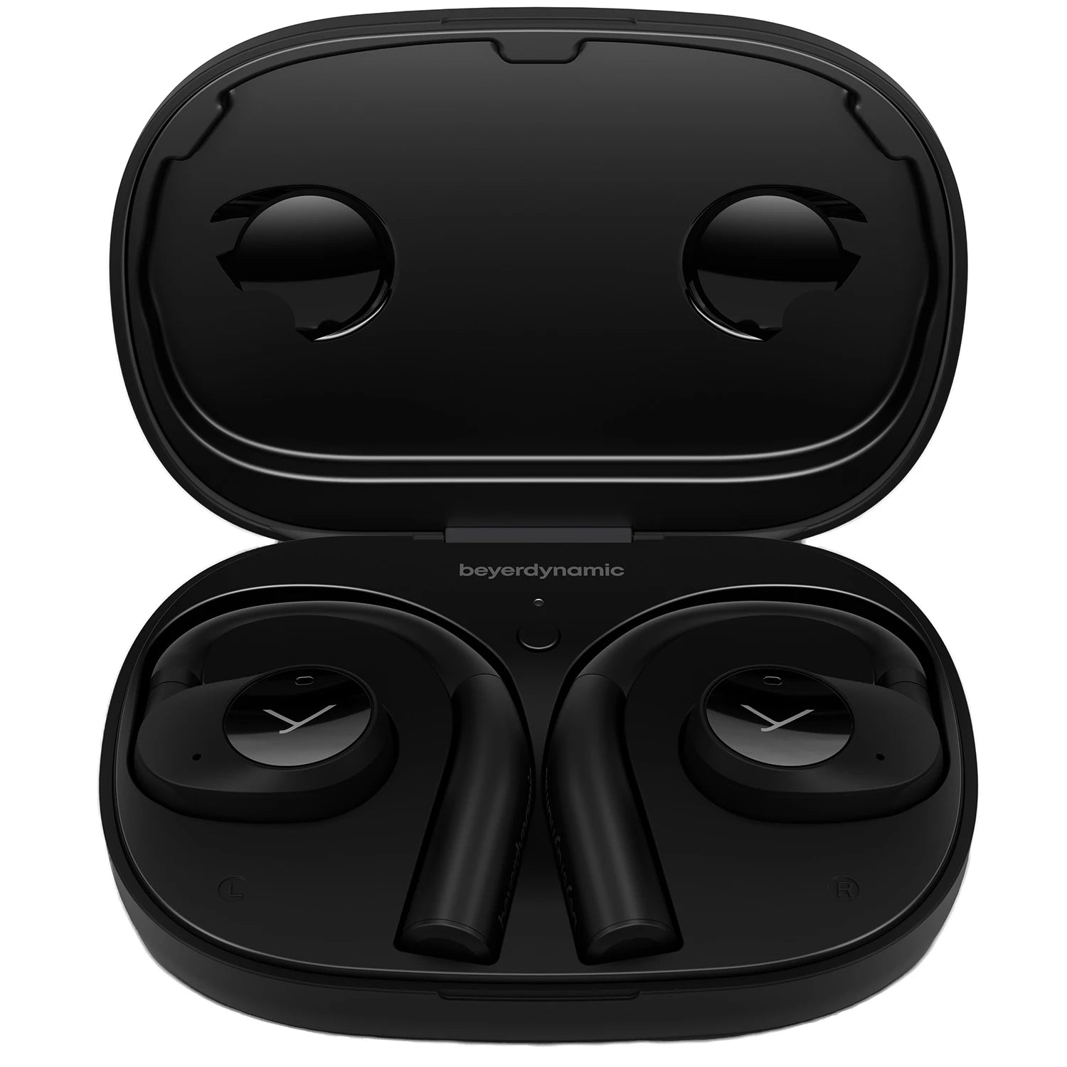 Black Beyerdynamic Verio 200 wireless in-ear headphones with sleek design and comfortable fit, shown in this product image.