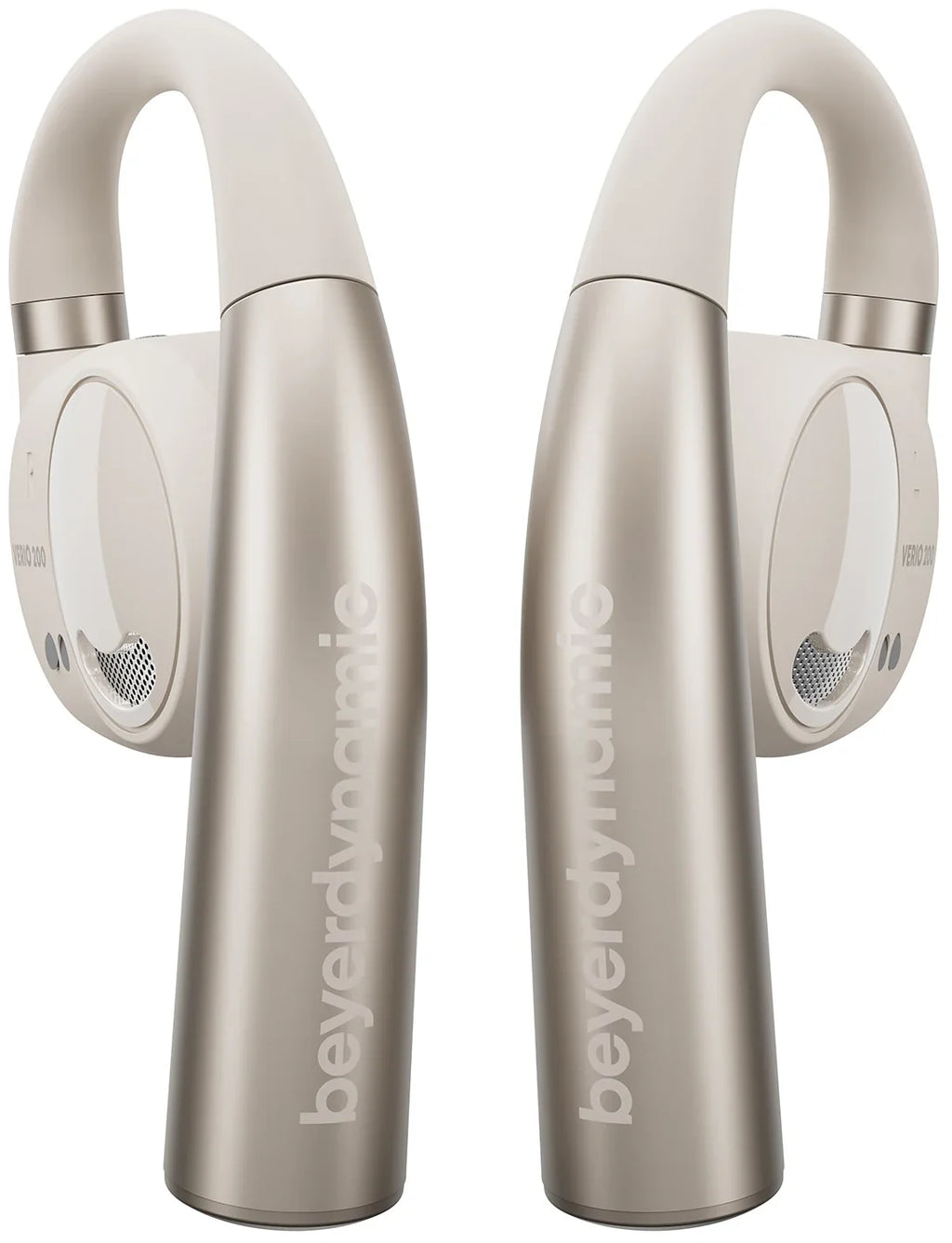 Beyerdynamic Verio 200 wireless in-ear headphones in cream color with ear tips and inline remote on cable.