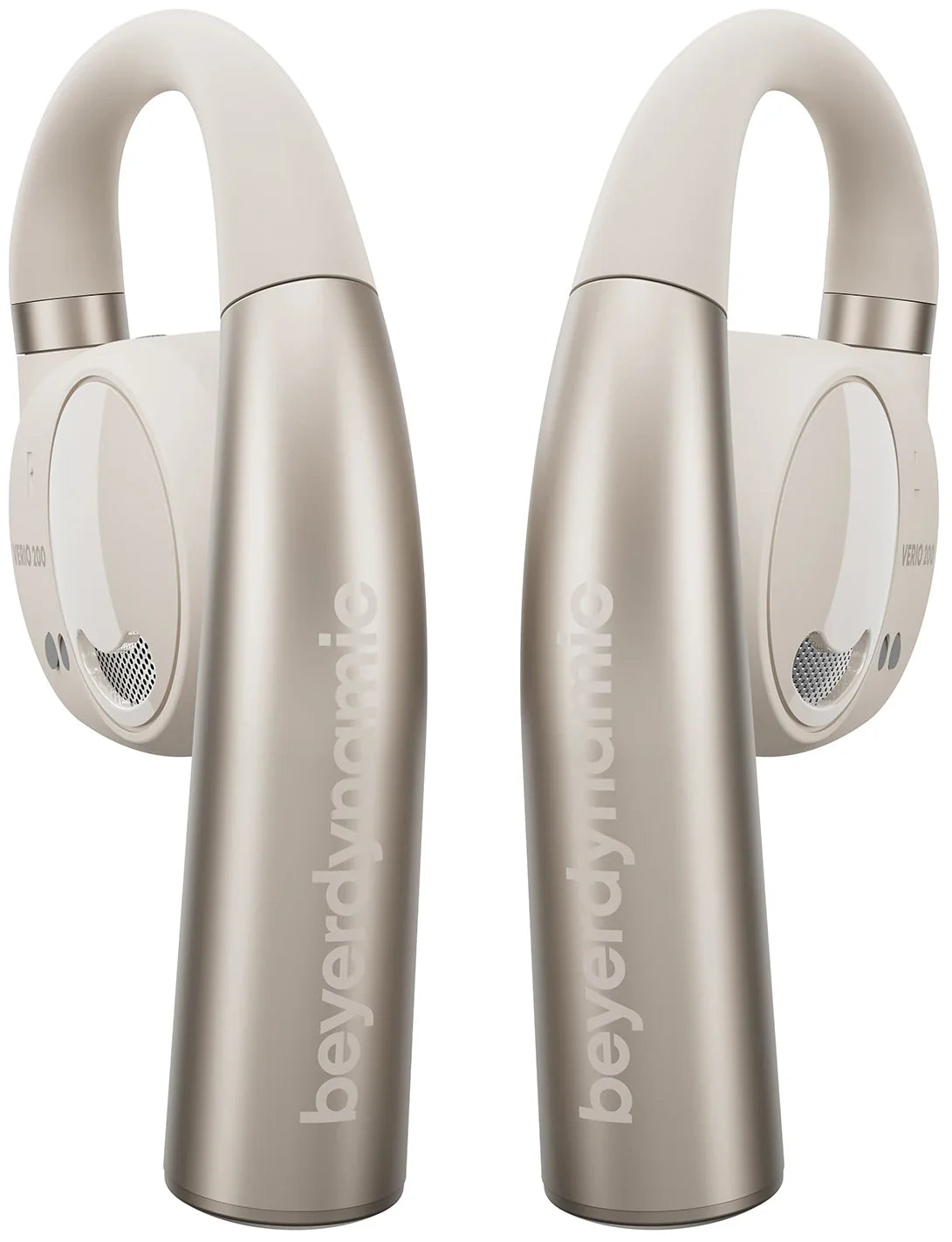 Beyerdynamic Verio 200 wireless in-ear headphones in cream color with ear tips and inline remote on cable.
