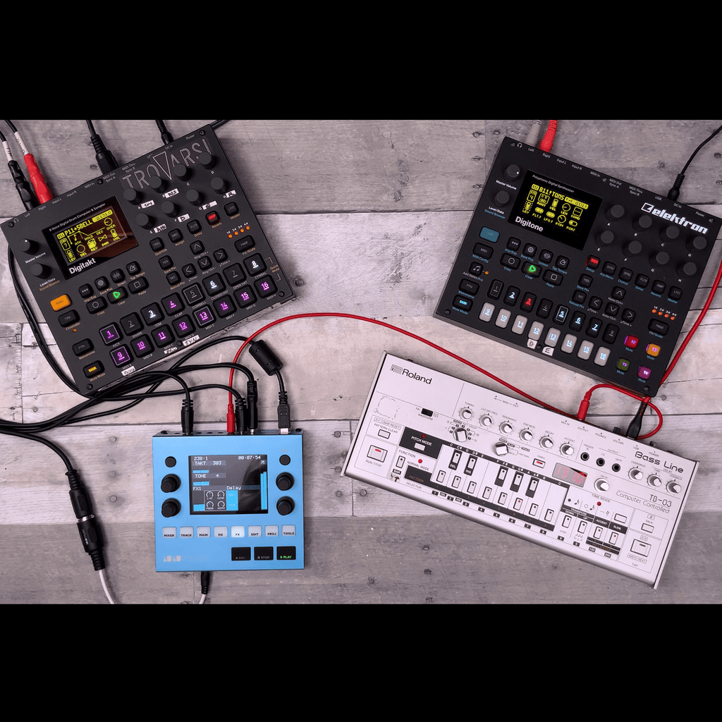 Bluebox digital mixer by 1010music, featuring multiple input channels and control knobs for audio mixing.
