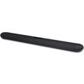 Bluesound Pulse Cinema black soundbar and TV speakers on a tabletop, showcasing sleek design and connection ports.
