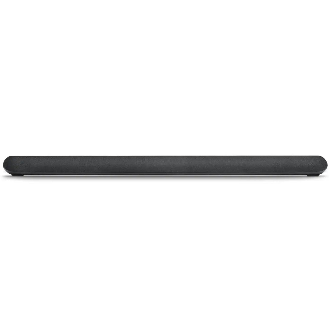 Black Bluesound Pulse Cinema soundbar and TV speaker on a table, showcasing sleek design and front-facing speaker grille.