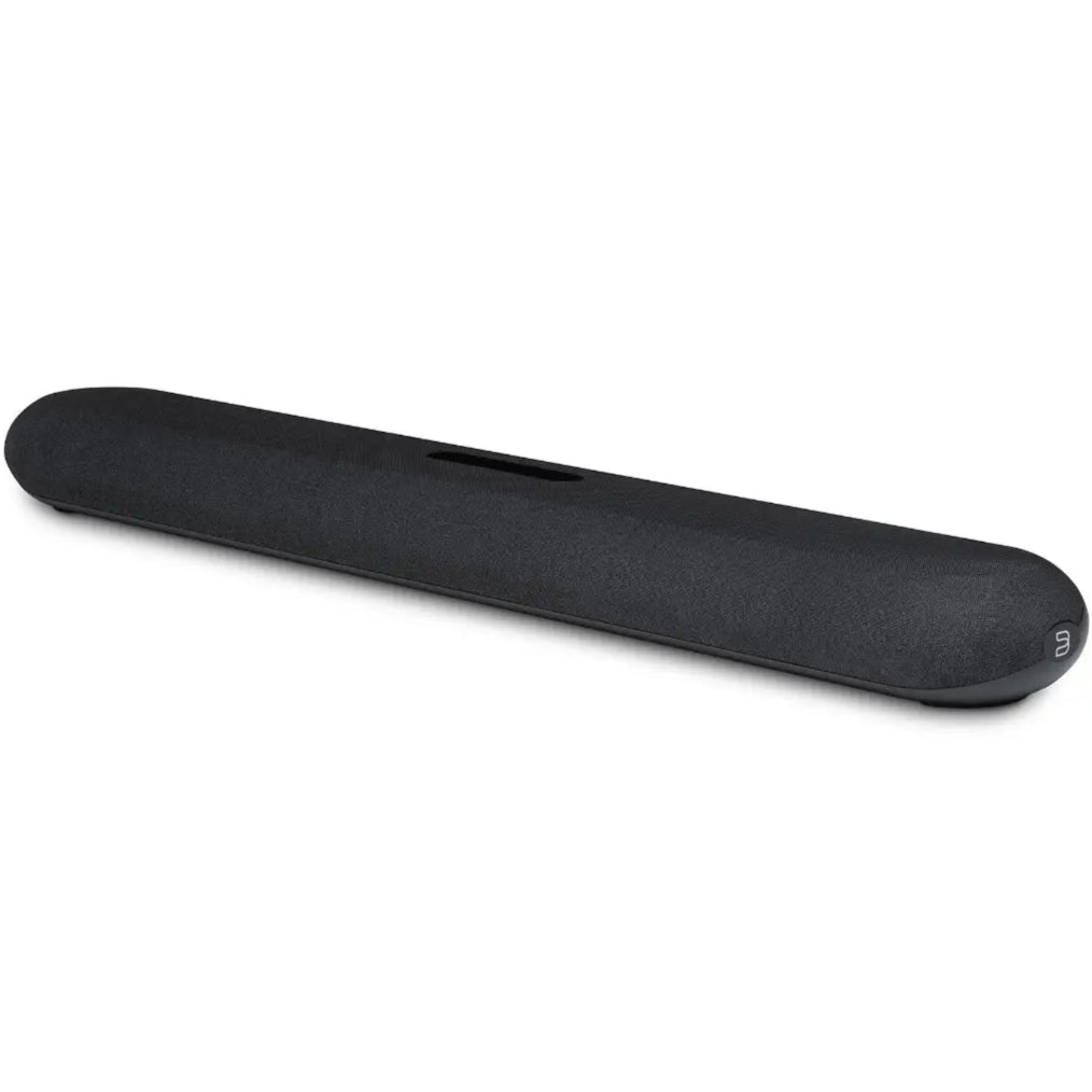 Bluesound Pulse Cinema Mini black soundbar with sleek tabletop design, TV speakers for immersive audio experience