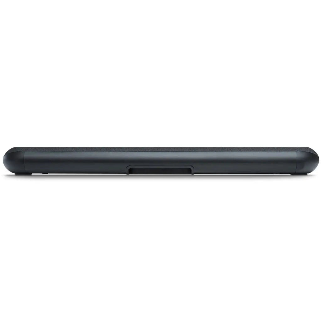 Black Bluesound Pulse Cinema Mini soundbar on a tabletop, rear view showing connection ports and sleek design.