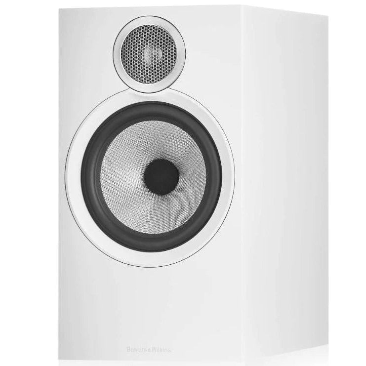 Bowers & Wilkins 606 S3 passive bookshelf speaker in white, showcasing its sleek design and compact size.