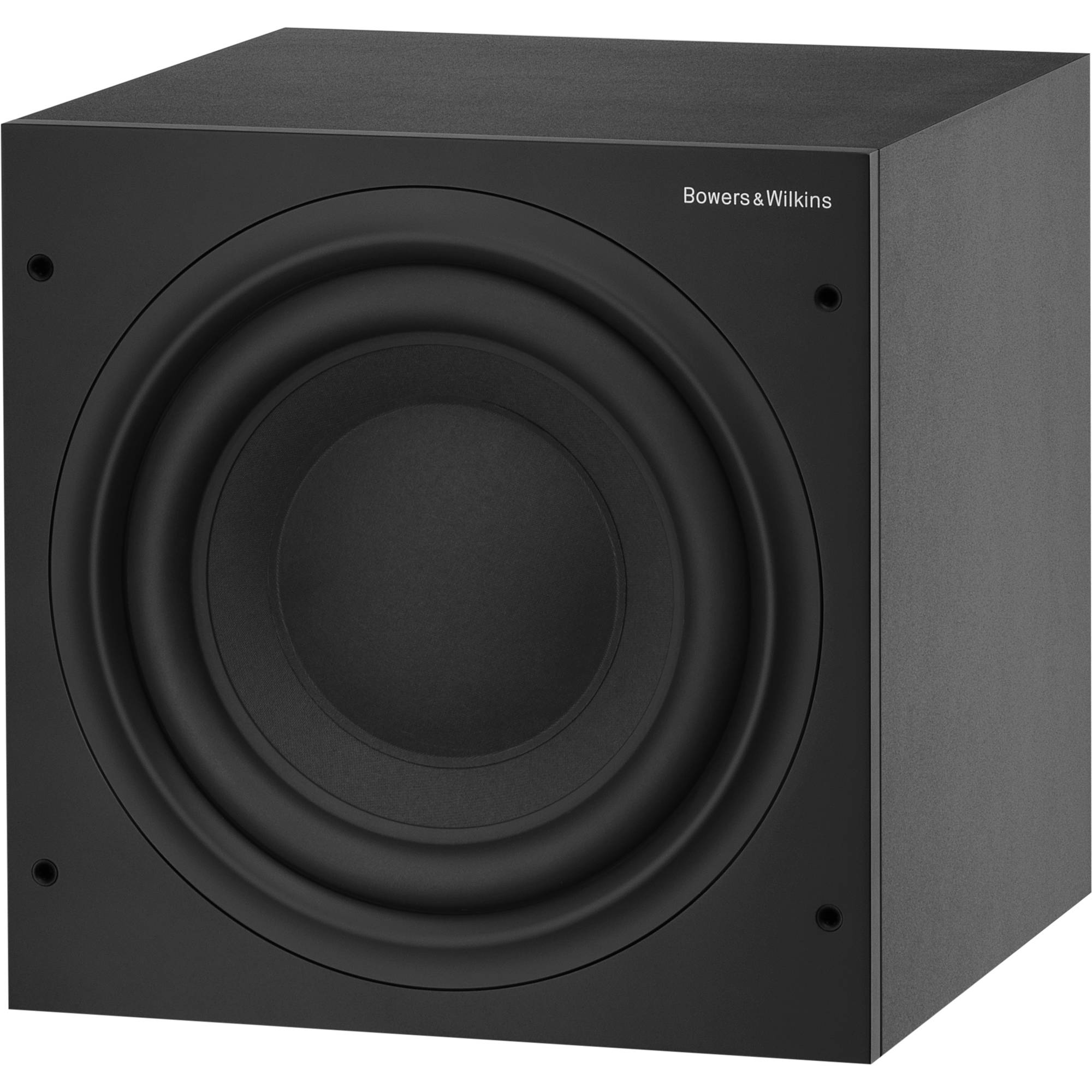 Bowers & Wilkins ASW608 subwoofer, angled view in matte black