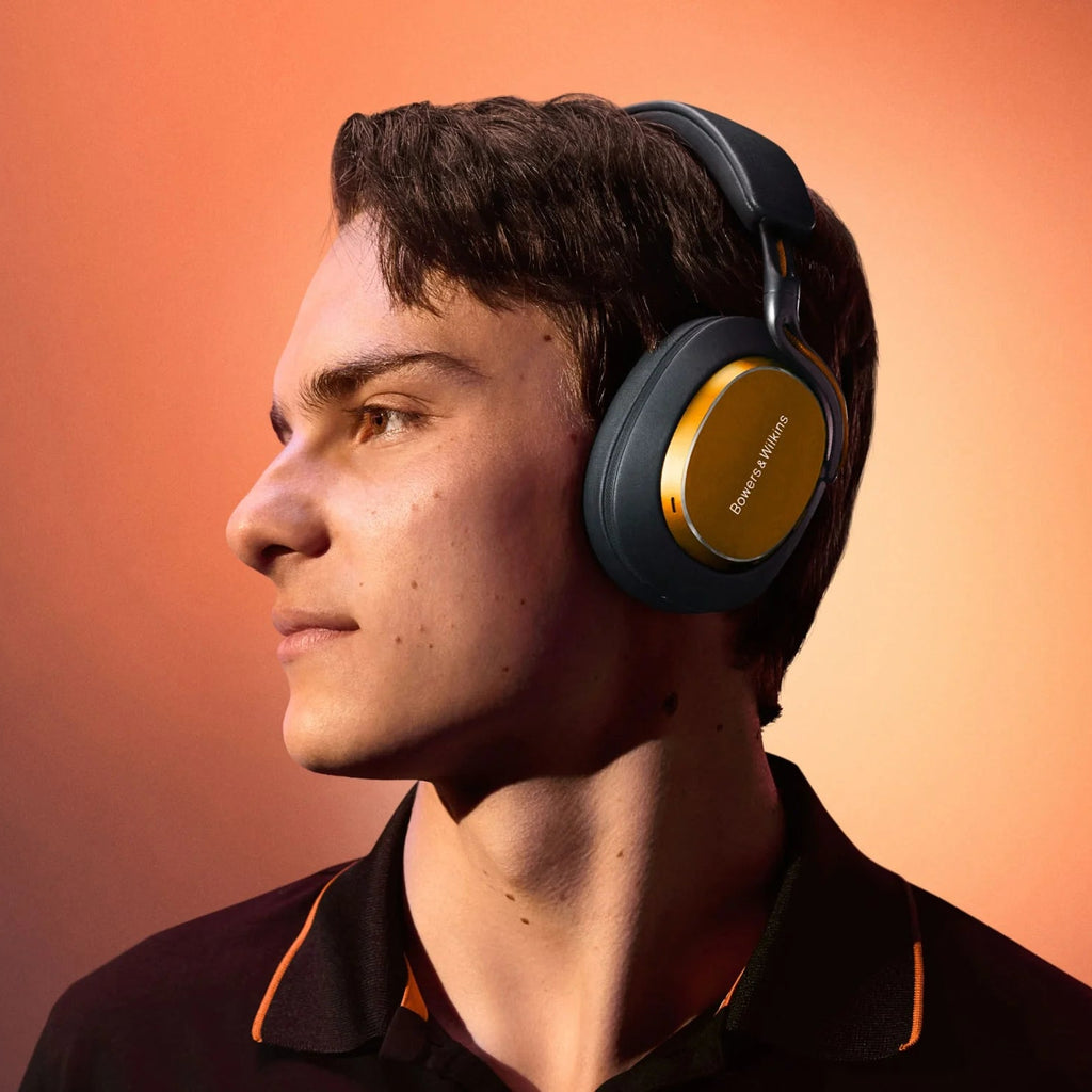 Bowers & Wilkins PX8 S2 (McLaren Edition) wireless headphones, detail view.