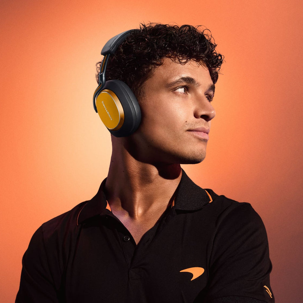 Bowers & Wilkins PX8 S2 (McLaren Edition) wireless headphones, detail view.