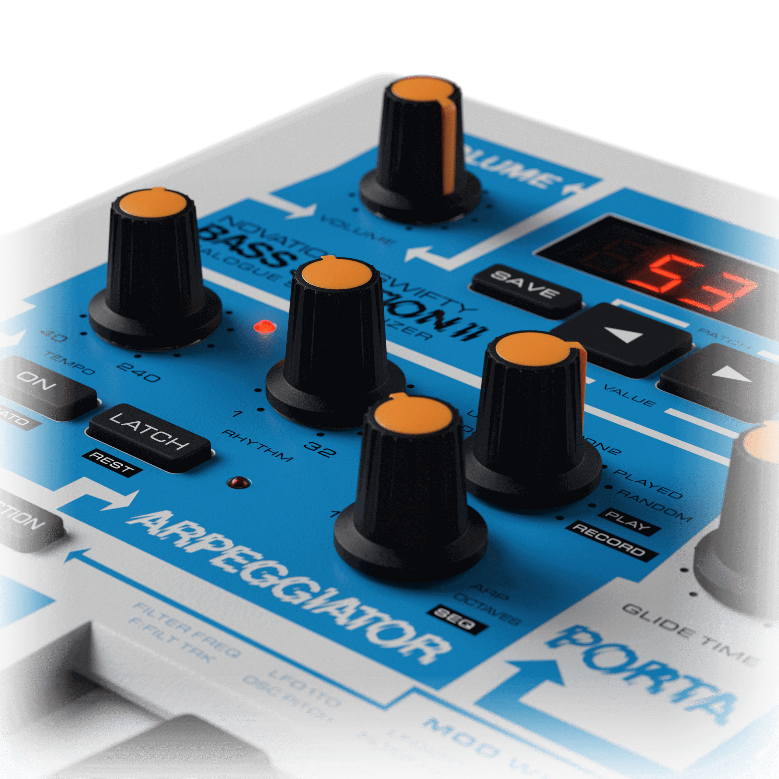 Novation Bass Station II Swifty Edition synthesizer with control knobs and keyboard layout, ready for music production.