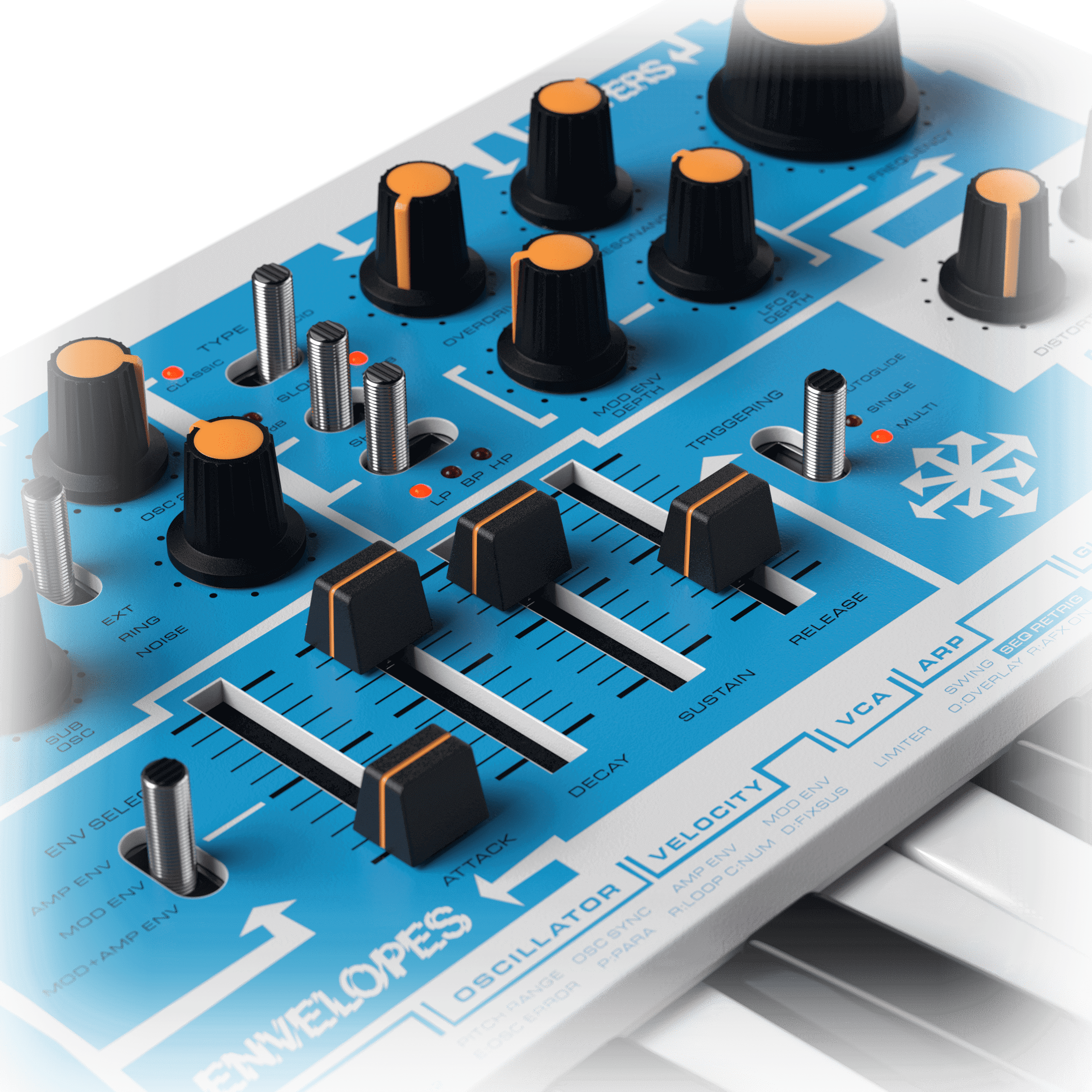 Novation Bass Station II Swifty Edition synthesizer with knobs, buttons, and keyboard controls on a sleek black unit.