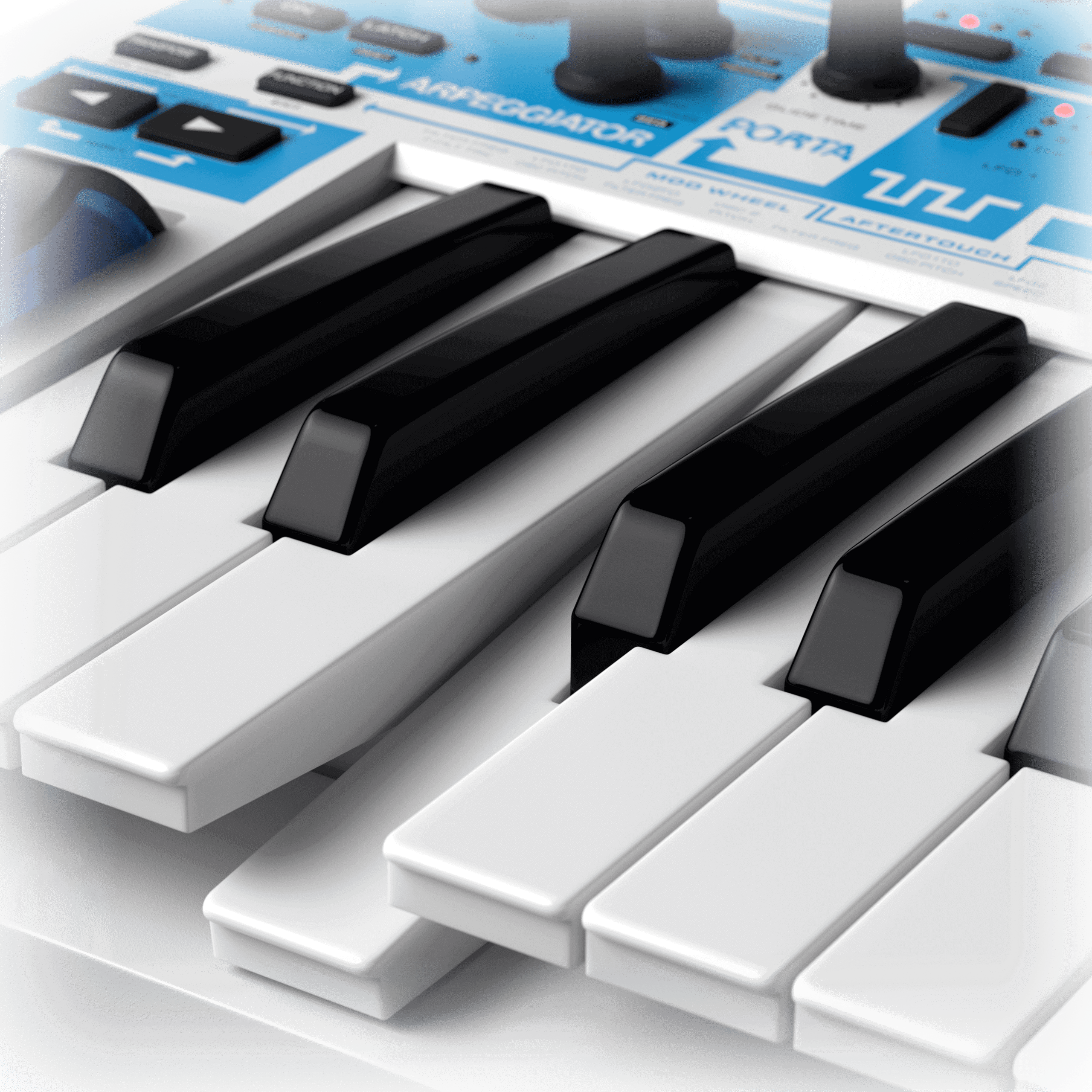 Novation Bass Station II Swifty Edition synthesizer with black and white keys, compact design, and control knobs.