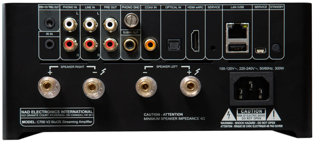 NAD C 700 V2 music streamer rear view, showing connection ports and sleek black design with a modern finish.