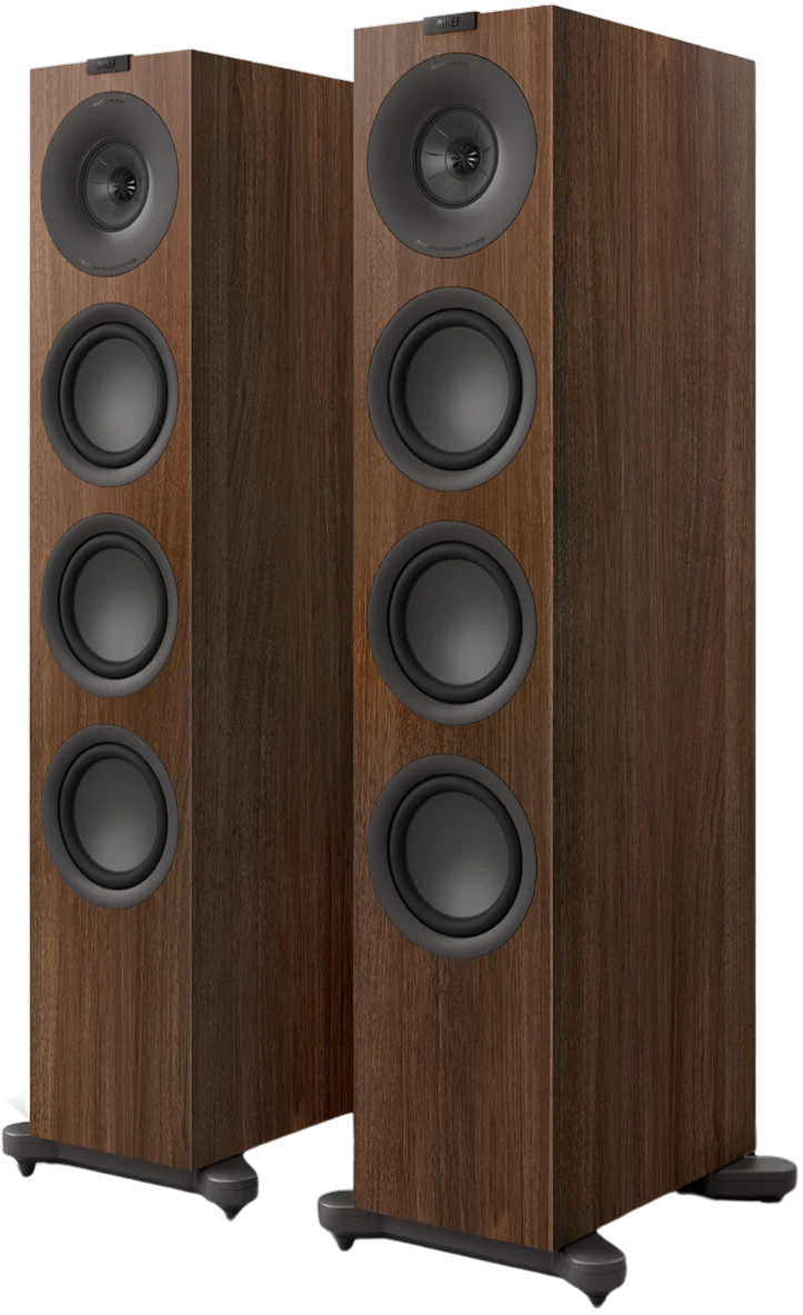 KEF Q11 Meta passive floorstanding speakers with sleek black cabinets and modern design, showcasing high-quality audio speakers.