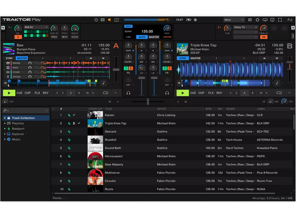 Native Instruments Traktor Play DJ software interface showing playlist and control features on a computer screen.