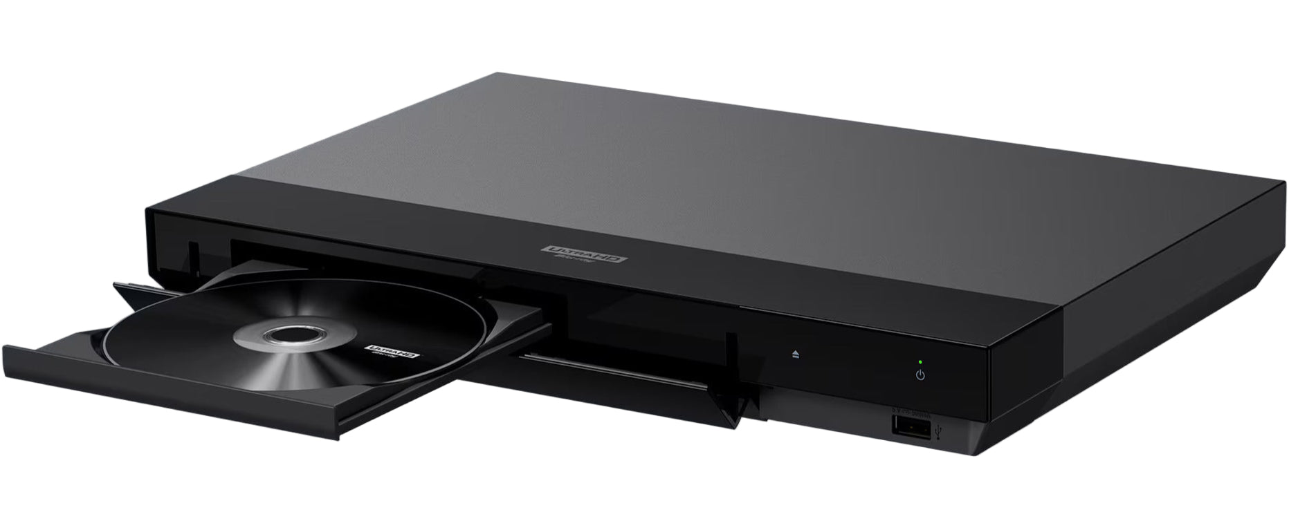 Sony UBP-X700 CD player with sleek black design and front-loading disc tray, showcasing modern entertainment technology.