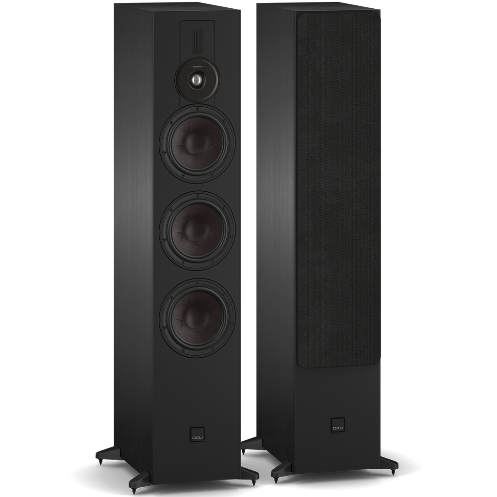 DALI Sonik 9 passive floorstanding speakers with sleek black cabinets and dual drivers, designed for high-quality home audio.