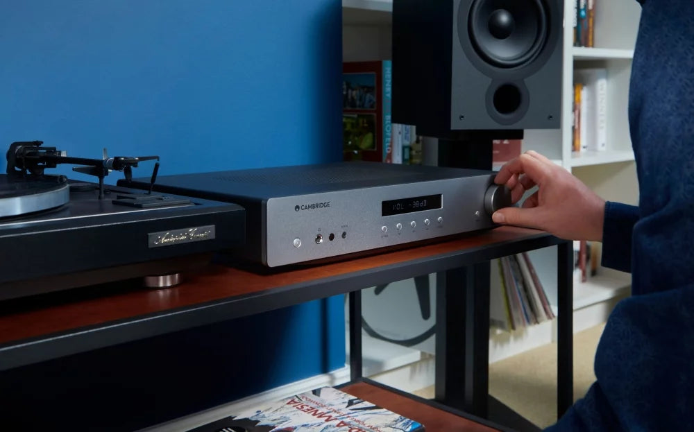 Cambridge Audio AXA35 stereo amplifier, black, front view