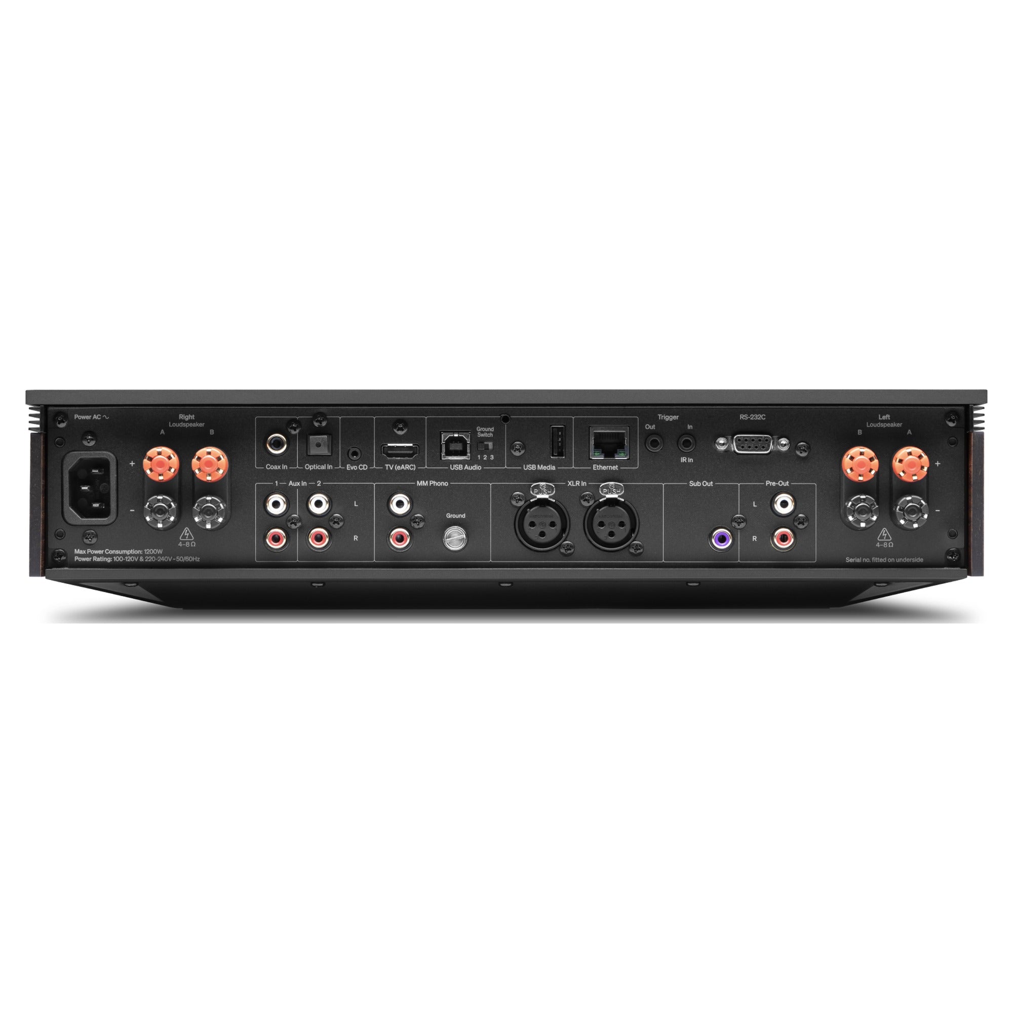 Cambridge Audio Evo 300 streaming amplifier, black, back view