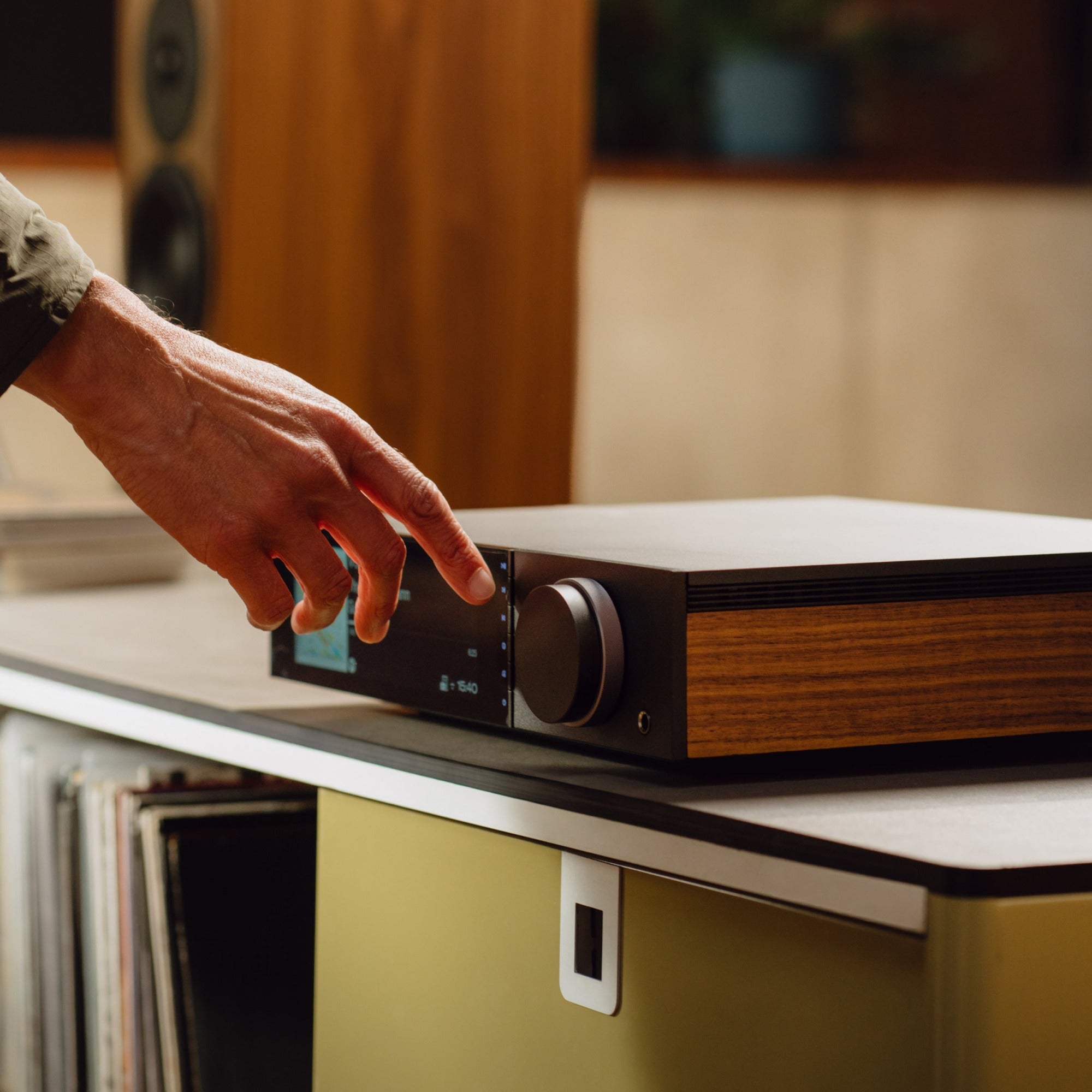 Cambridge Audio Evo 300 streaming amplifier, black, in use