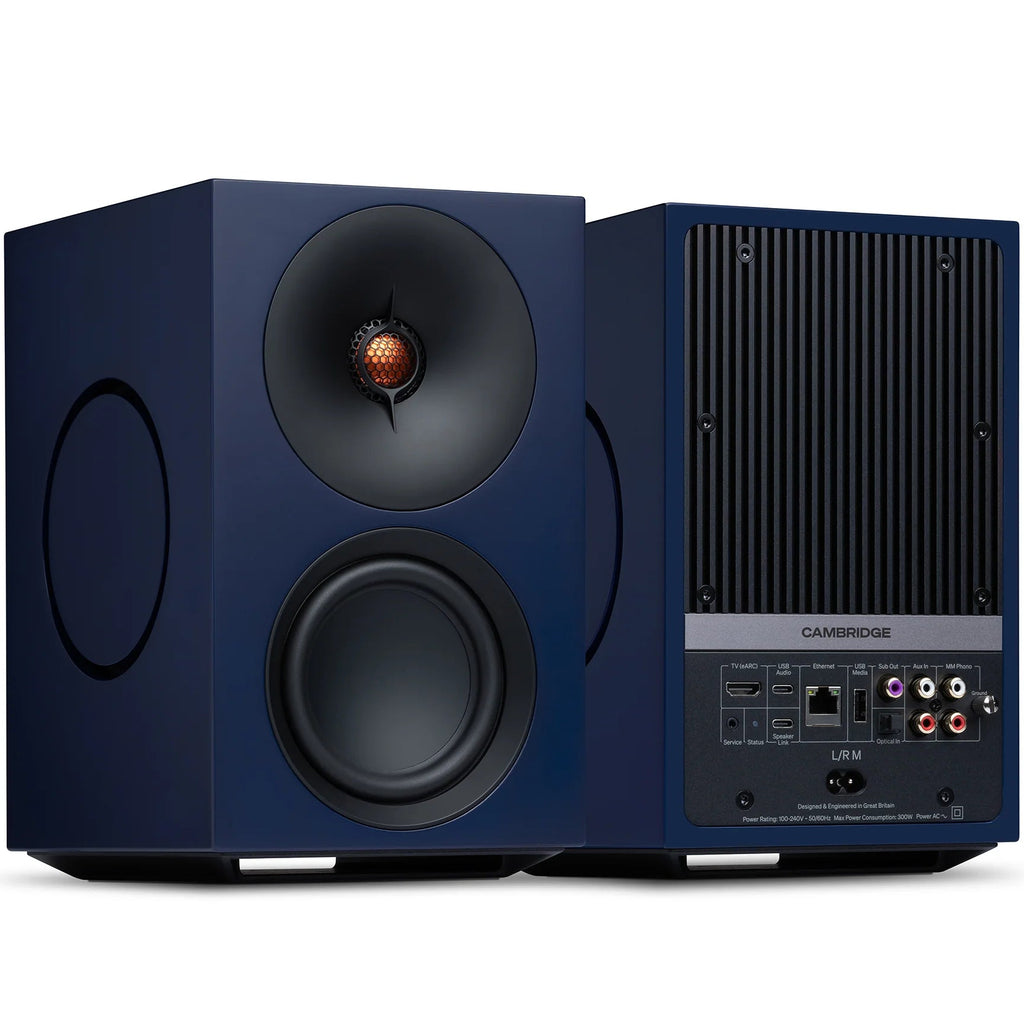 Cambridge Audio L/R M active bookshelf speakers, blue, front view