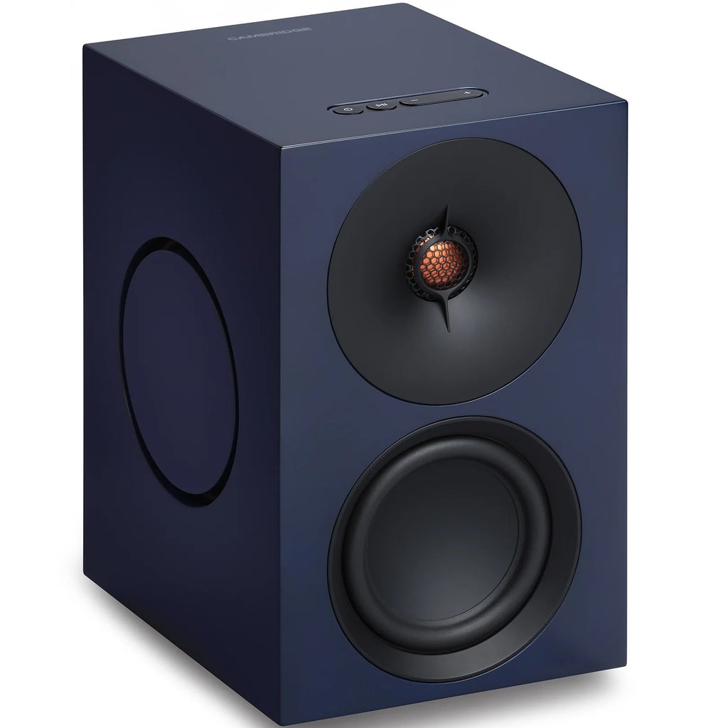 Cambridge Audio L/R M active bookshelf speakers, blue, front view