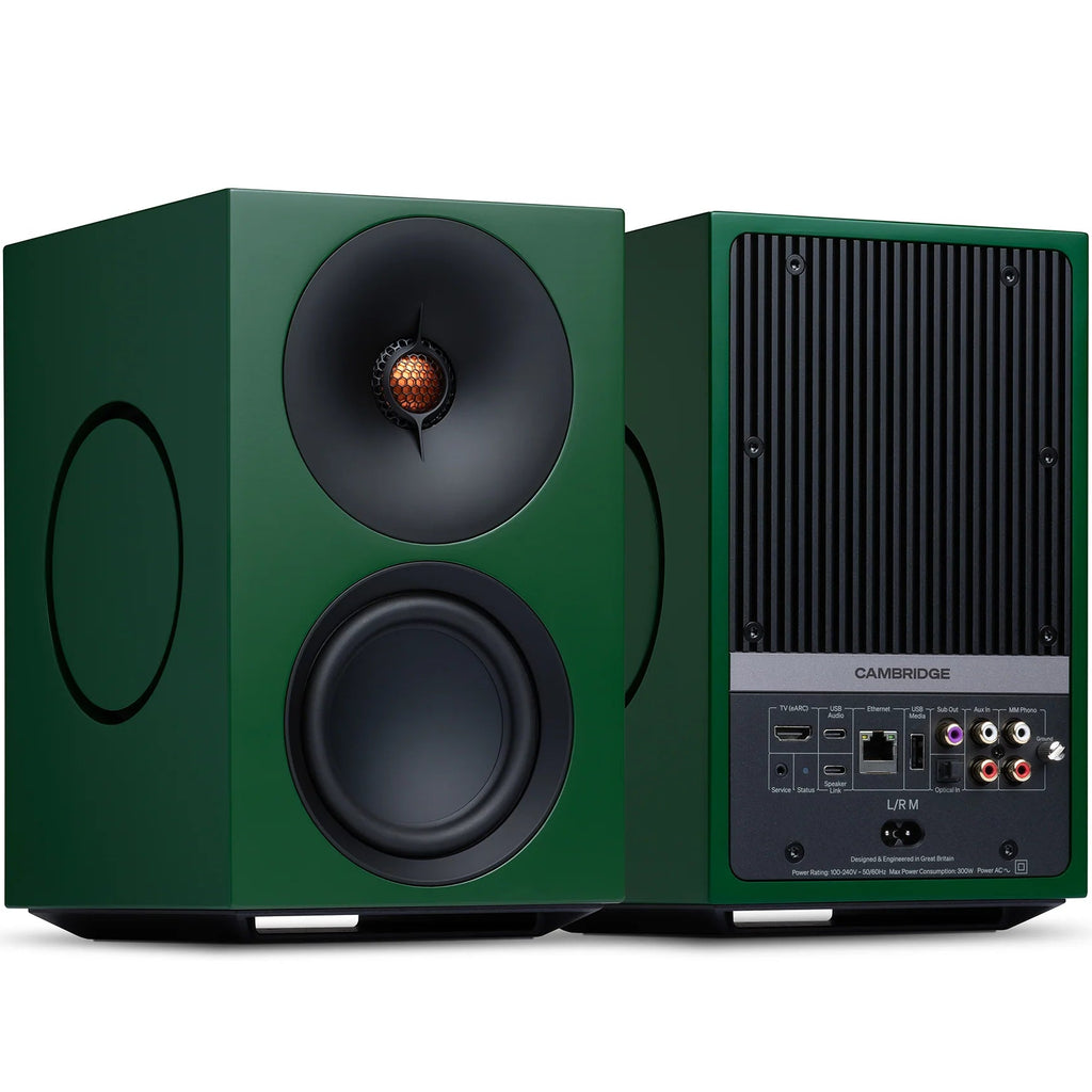 Cambridge Audio L/R M active bookshelf speakers, green, front view