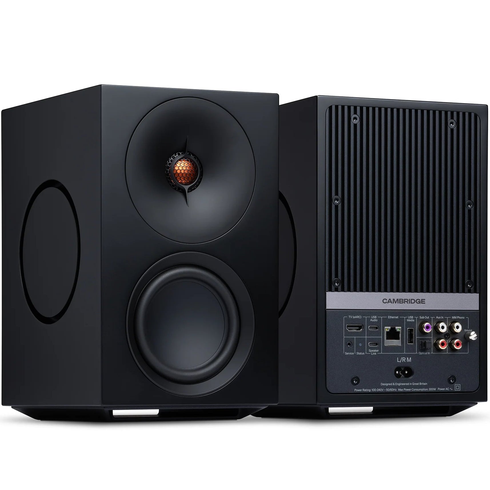 Cambridge Audio L/R M active bookshelf speakers, black, front view